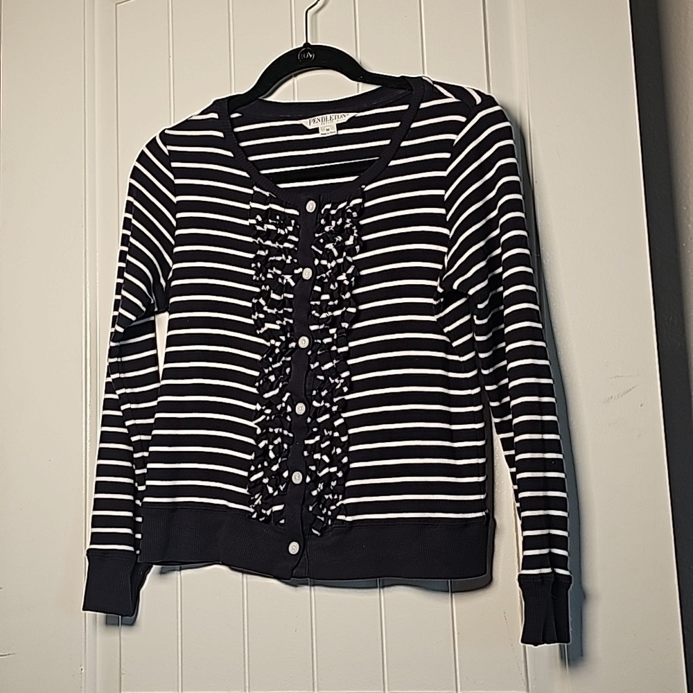 Pendleton MP navy blue/white striped ruffled cardigan